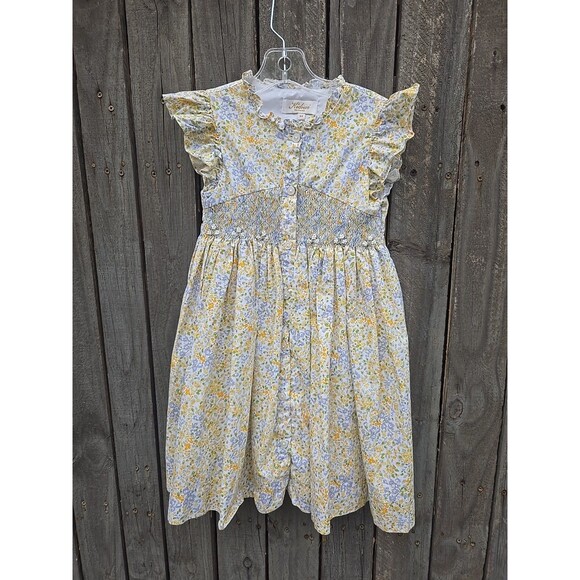 Blue Q Other - Kidiwi Paris Girls Floral Dress Size 5A Yellow Blue Smocked Waist Ruffle Sleeve